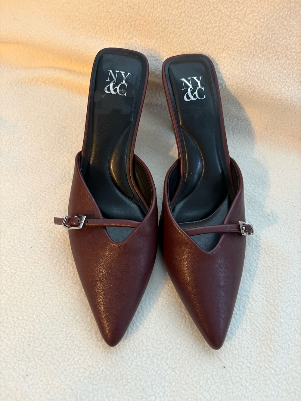 New York & Company Wine Pointed-Toe Slip-On Mules with Buckle Strap